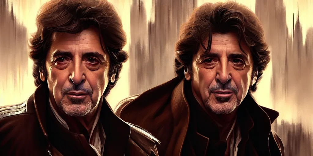 Image similar to al pacino as han solo, cinematic, highly detailed, digital painting, artstation, concept art, matte, sharp focus, illustration, art by artgerm and greg rutkowski and alphonse mucha