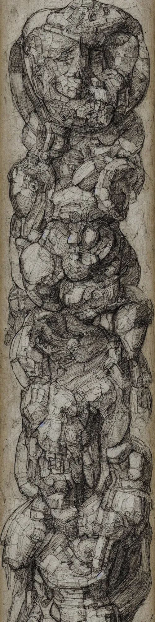 Prompt: humanoid machine sketch by Leonardo da Vinci, sketchbook, highly detailed, scientific illustration