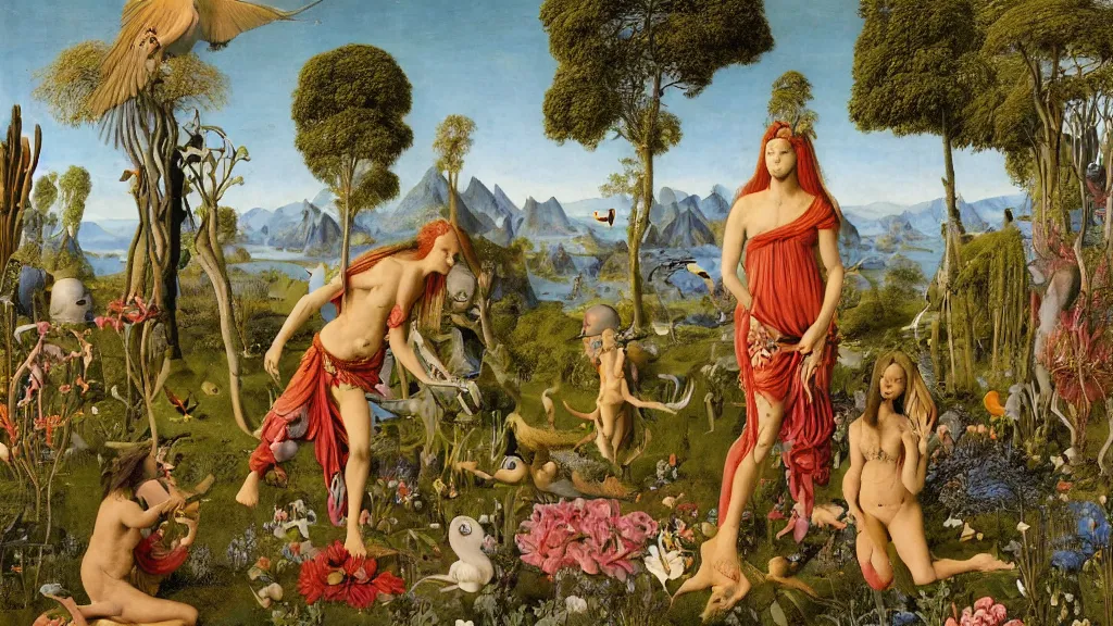 Prompt: a photograph of a meditating centaur shaman and a harpy mermaid feeding animals. surrounded by bulbous flowers and a few trees and wild animals. river delta with mountains under a blue sky full of burning stars and birds. painted by jan van eyck, max ernst, ernst haeckel, ernst fuchs and artgerm. trending on artstation