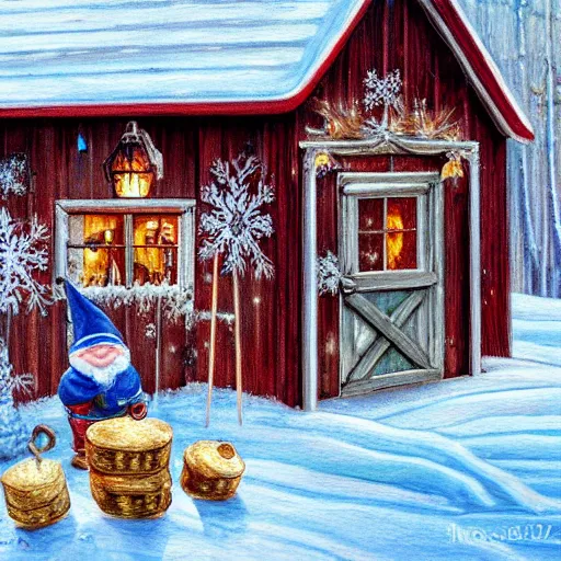 Prompt: portrait painting of scandinavian gnome in barn, winter clothes, very very very very very beautiful christmas art, wood and hay, masterpiece, realistic and detailed