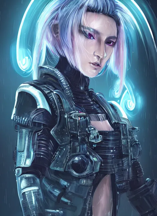 Image similar to stunning futuristic superb cyberpunk young female Samurai wearing samurai armor hybrid with military tactical vest, armor has neon circuitry, long white hair, windswept hair, sci-fi in futuristic stormy heavy rain thunder flashing tokyo rooftop cyberpunk night, sci-fi,fantasy, intricate, very very beautiful, elegant, neon light, highly detailed, digital painting, artstation, hyper realism, concept art, soft light, hdri, smooth, sharp focus, illustration, art by tian zi and craig mullins and WLOP and alphonse mucha