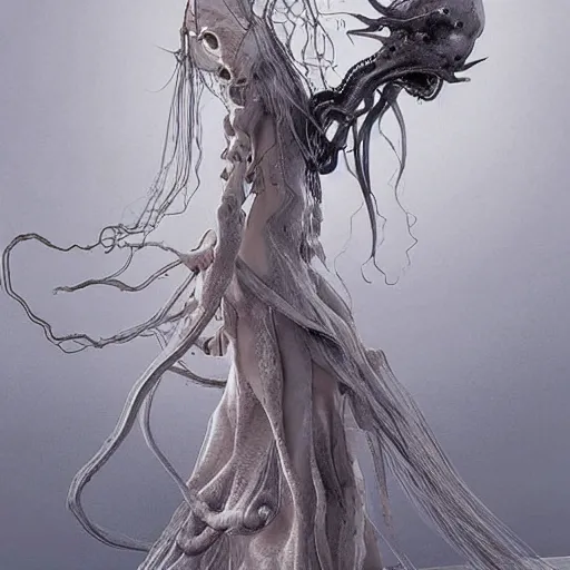 Prompt: an anime by yuji ikehata, of an ethereal ghostly wraith like figure with a squid like parasite latched onto its head and long tentacle arms that flow lazily but gracefully at its sides like a cloak, anime, vhs, grainy