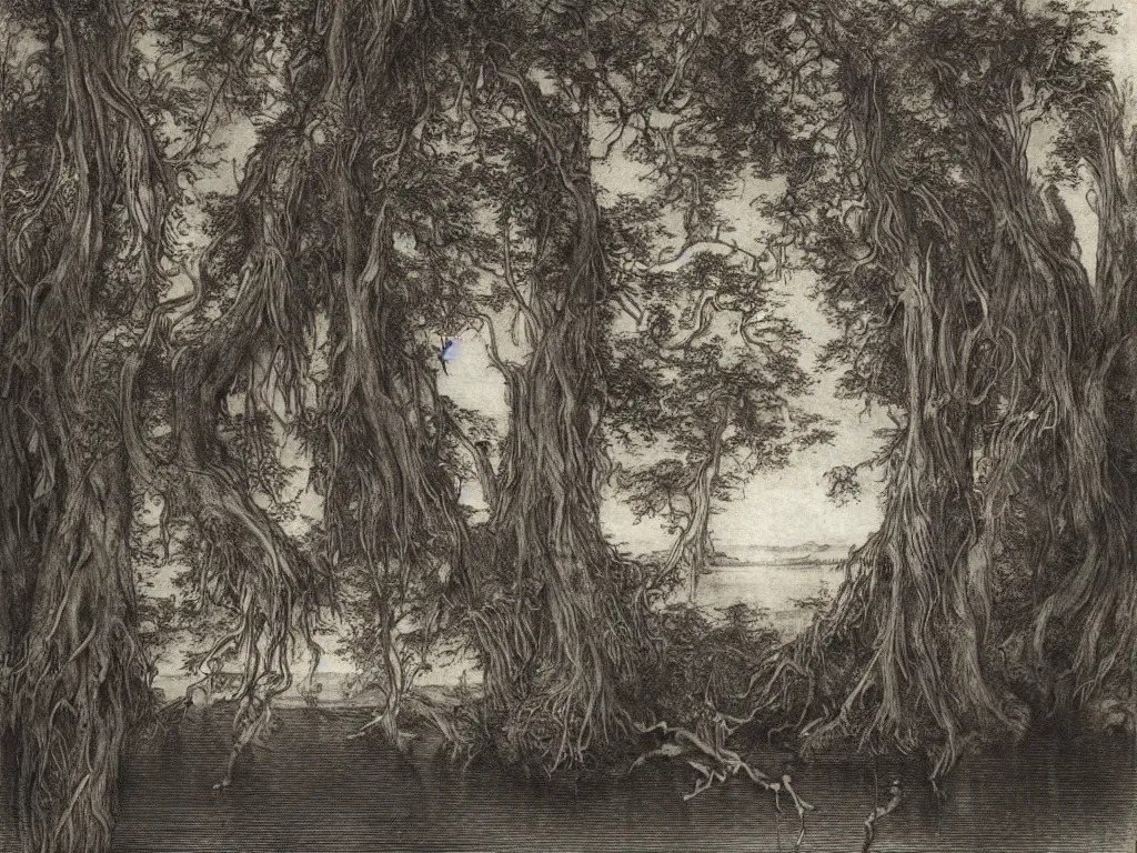 Prompt: Strange albino blue eyed man shoulders deep in a dark lake in the evening. Aurora Borealis, strange Banyan trees. Painting by Albrecht Durer and Gustave Doré, ink on paper.
