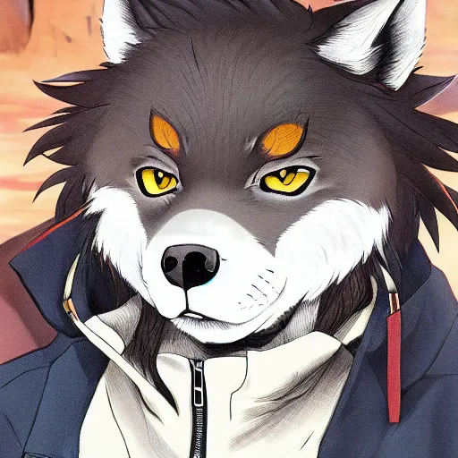 Image similar to key anime visual portrait of an anthropomorphic anthro wolf fursona, in a jacket, with handsome eyes, official modern anime art