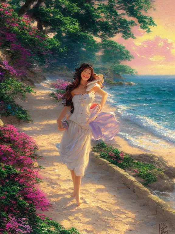 Prompt: Portrait of a happy anime woman on the beach near the ocean, by thomas kinkade