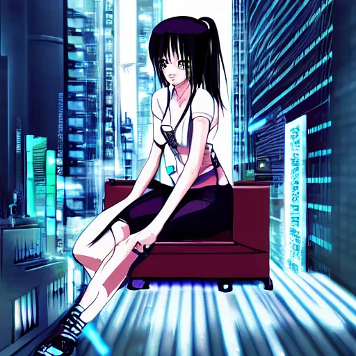 Image similar to advanced anime digital art, cyberpunk nekogirl sitting in a box