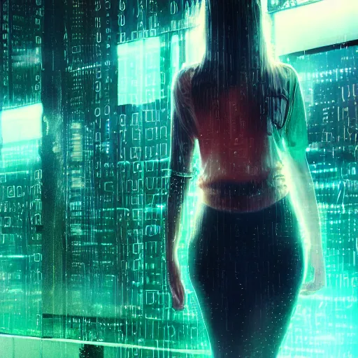 Image similar to hyperdetailed beautiful girl in the rain interacting with a holographic interface on a wall in a future cyber punk style city trending on cgsociety