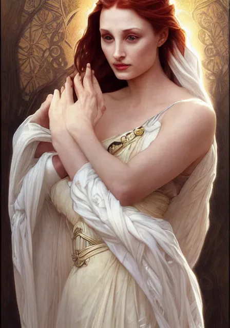 Image similar to sansa angeline jolie gessica chastain, intricate, elegant, highly detailed, digital painting, artstation, concept art, smooth, sharp focus, illustration, art by artgerm and greg rutkowski and alphonse mucha and william - adolphe bouguereau