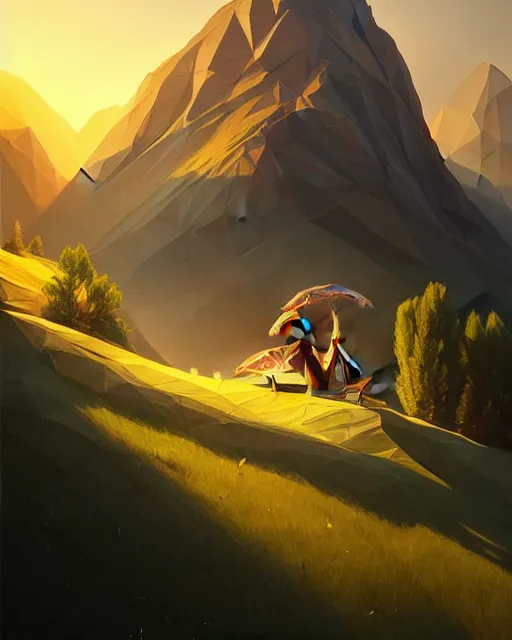 Image similar to summer evenings in the low - poly hills, diffuse lighting, intricate, elegant, highly detailed, lifelike, photorealistic, digital painting, artstation, illustration, concept art, smooth, sharp focus, by greg rutkowski, valentina remenar and asher duran,