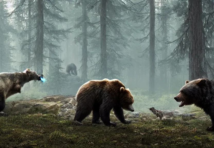 Prompt: a bear battles a dire wolf in a forest glade, digital art, greg rutkowski, junji ito, unreal engine, octane render, cinematic lighting, highly detailed