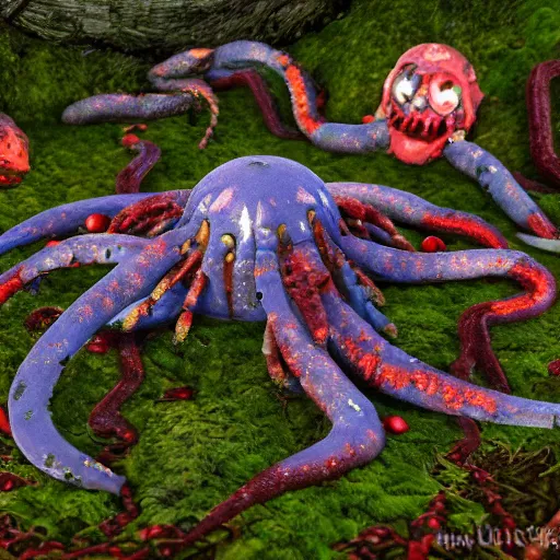 Prompt: voidless of the festival!, The Graveyard, blood moon tentacles!!, outsider art!!!, large group of crabs and worms, crawling along a bed of moss, low poly, creeper world, handcrafted, artstation, hyperrealistic, hard light, best practices, creeptastic, photorealism, macro perspective, cuddly