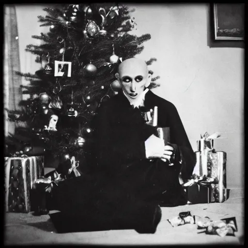 Image similar to count orlok sitting cross - legged by the christmas tree, excitedly opening presents, photograph