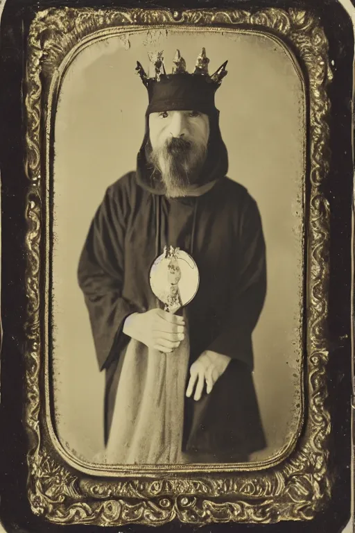 Prompt: a wet plate photo of a ferret priest, wearing a crown, wearing a robe