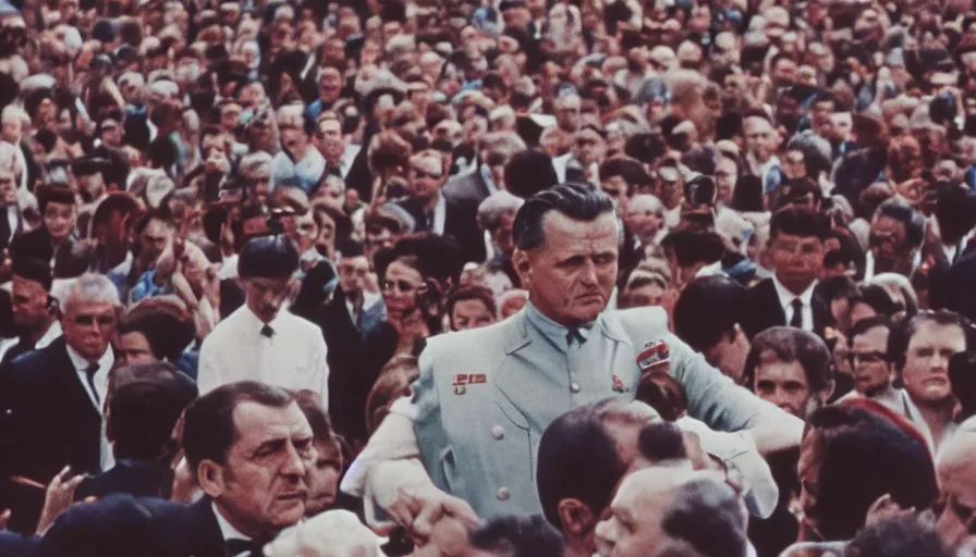 Prompt: 60s movie still close-up portrait of Josip Broz Tito standing above a crowd, cinestill 800t 120mm eastmancolor, cinematic, very detailed, skin texture, high quality