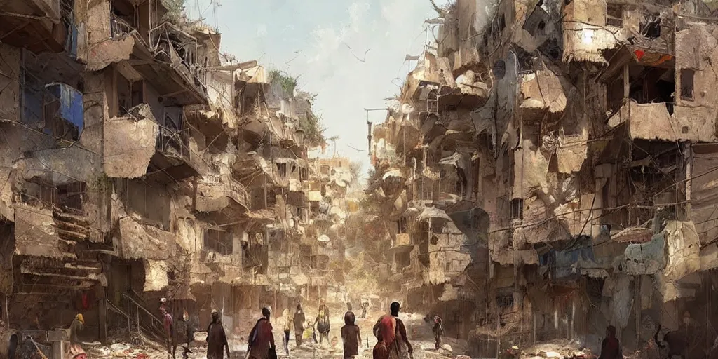 Prompt: hyper realistic, beautiful syrian slums village, concept art for videogames, painted by greg rutkowski, highly detailed,