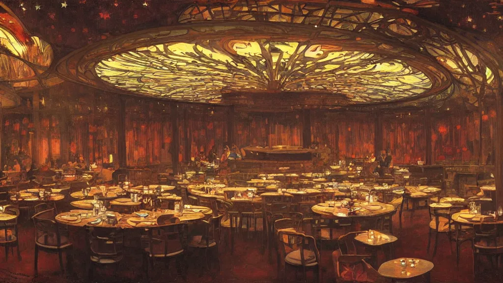 Image similar to a beautiful painting of the view from the river of the interior of a round restaurant designed by frank lloyd wright, at night with a sky full of stars, intricate, elegant, highly detailed, digital painting, artstation, concept art, by krenz cushart and artem demura and alphonse mucha