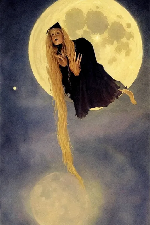 Prompt: portrait of a young witch in a black robe sitting on the ground with a full moon in the sky overhead, highly detailed, by frank frazetta and boris vallejo