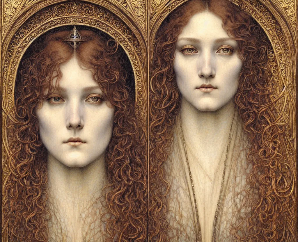 Image similar to detailed realistic beautiful young medieval queen face portrait by jean delville, gustave dore and marco mazzoni, art nouveau, symbolist, visionary, gothic, pre - raphaelite. horizontal symmetry