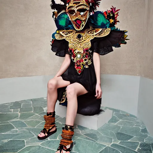 Image similar to valentino resort ss 2 0 1 7 dress with ornate mask headpiece, model lounging by cybernetic ancient ruins