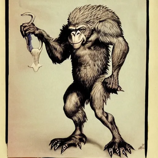 Image similar to monster composed of falcon beak, gorilla arms, horse legs, wearing a robe