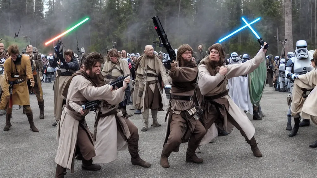 Image similar to jedi battle of zelensky against putin, in the style of star wars