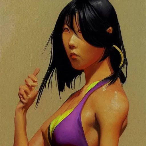 Prompt: a painting of a Japanese woman wearing racing competitive swimsuit, worksafe, by Brom.