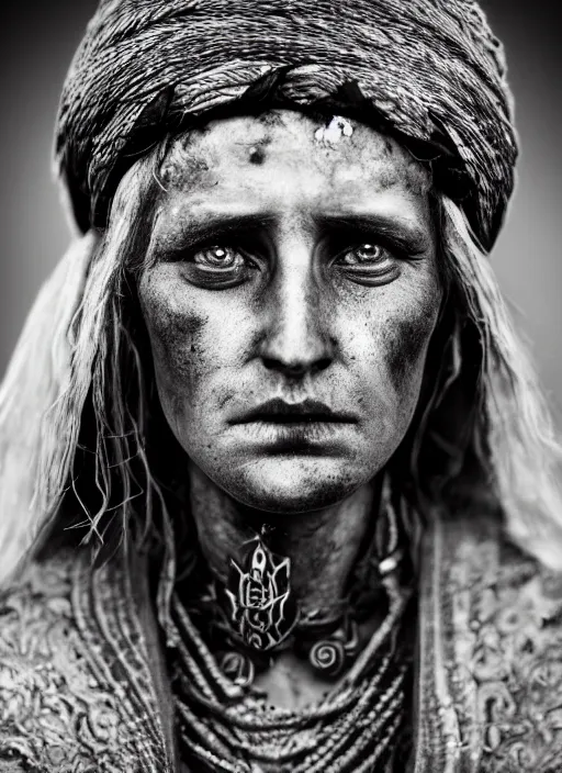 Image similar to Award winning Editorial photo of a medieval Native Female Liechtensteiners with incredible hair and beautiful hyper-detailed eyes wearing traditional garb by Lee Jeffries, 85mm ND 5, perfect lighting, gelatin silver process