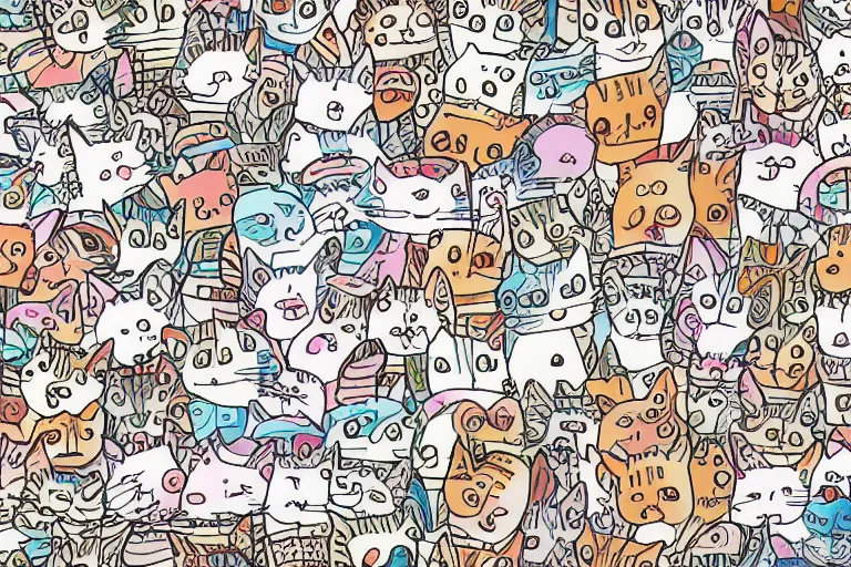 Image similar to beautiful art illustration of a group of happy cats by studio ghibli, thick lineart, highly detailed, seamless pattern, tiling, anime style