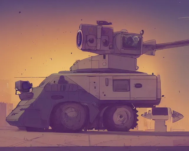 Image similar to a study of cell shaded cartoon tank with a giant camera on it on a desert road, street lamps, road, illustration, wide shot, subtle colors, post grunge, concept art by josan gonzales and wlop, by james jean, victo ngai, highly detailed, sharp focus, trending on artstation, hq, deviantart, art by artgem
