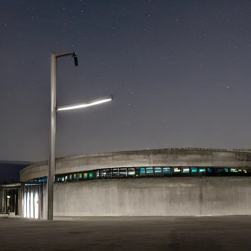 Prompt: a massive concrete structure at night with a lone street lamp in front of it, megalophobia,