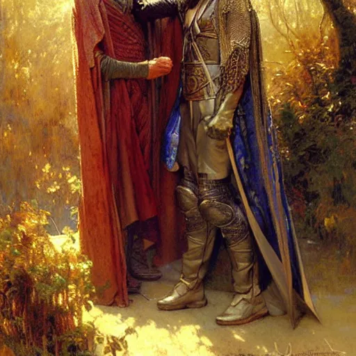 Image similar to stunning arthur pendragon in love with stunning male merlin the mage. they are close to each other. highly detailed painting by gaston bussiere, craig mullins, j. c. leyendecker