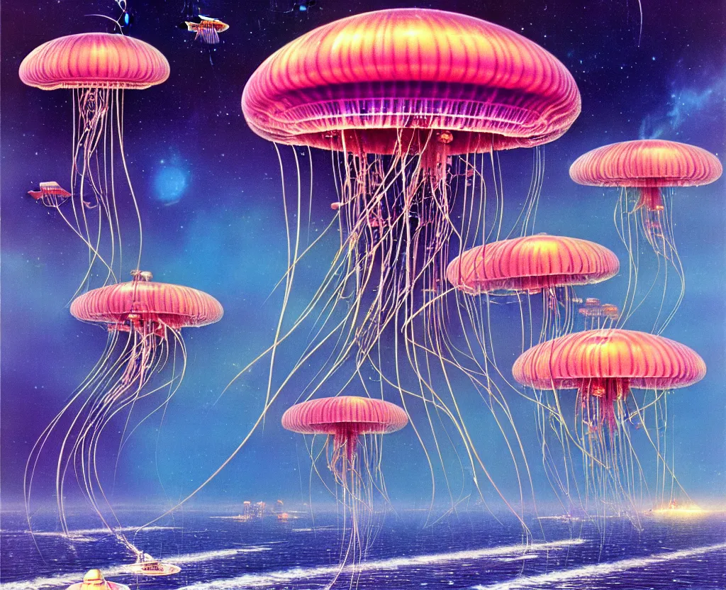 Image similar to jellyfish spaceship by bruce pennington, 1 9 7 0 s sci - fi illustration, detailed hi - res scan from an old book