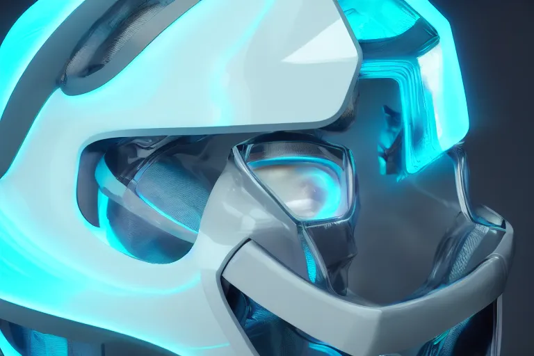 Prompt: futuristic fluid aquamarine cyber helmet visor, intricate, glowing, eyecandy, colorful, 3 d, octane render, photorealistic, modern, warp,