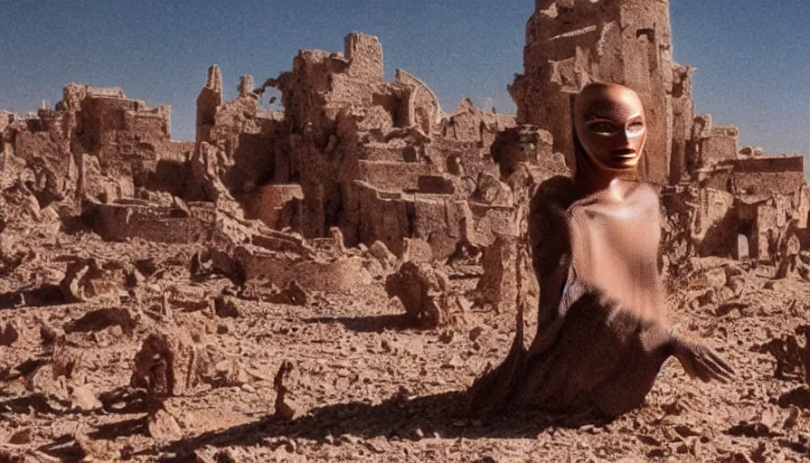 Prompt: levitating bene gesserit with full - face glowing golden mask in a dry rocky desert landscape, ultradetailed alien ruins designed by giger, giant abandoned alien city by alejandro jodorowsky, anamorphic lens, kodakchrome, practical effects, masterpiece, 8 k