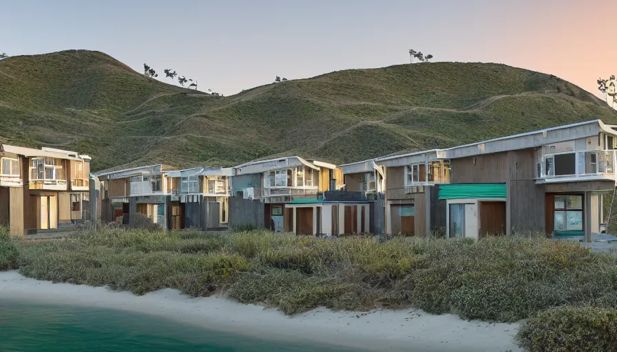 Image similar to An architectural rending of an eco-community neighborhood of innovative contemporary 3D printed sea ranch style cabins with rounded corners and angles, beveled edges, made of cement and concrete, organic architecture, on the California coastline with side walks, parks and public space , Designed by Gucci and Wes Anderson, golden hour