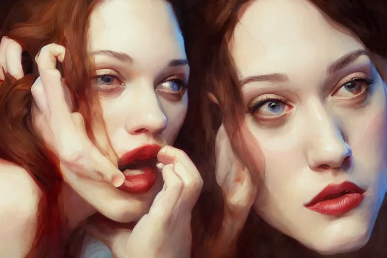 Image similar to A portrait of Kat Dennings eating various fruits by Ruan Jia and Mandy Jurgens and Artgerm and william-adolphe bouguerea, highly detailed, trending on artstation, award winning, H 768