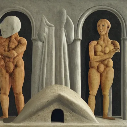 Prompt: evocative play doh, mesoamerican by piero della francesca. in the center of the sculpture is a large gateway that seems to lead into abyss of darkness. on either side of the gateway are two figures, one a demon - like creature, the other a skeletal figure.