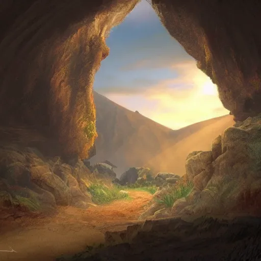 Prompt: a pre historic landscape seen through a cave entrance, volcano, dinosaurs, mammoth digital art, trending on artstation