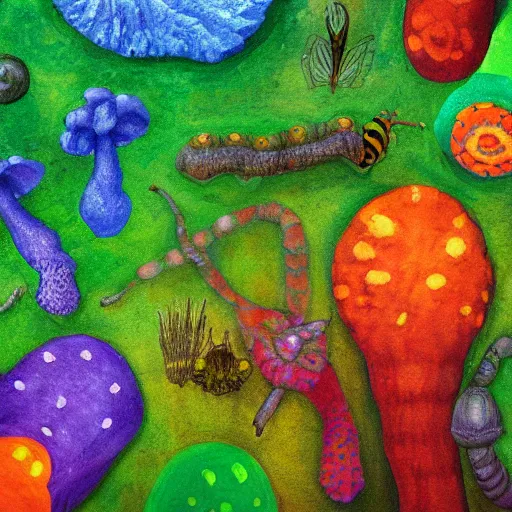 Image similar to painting of a colorful fungus garden in a cave, birds eye view, dark, foggy, cavern, shy beetles, river running through it