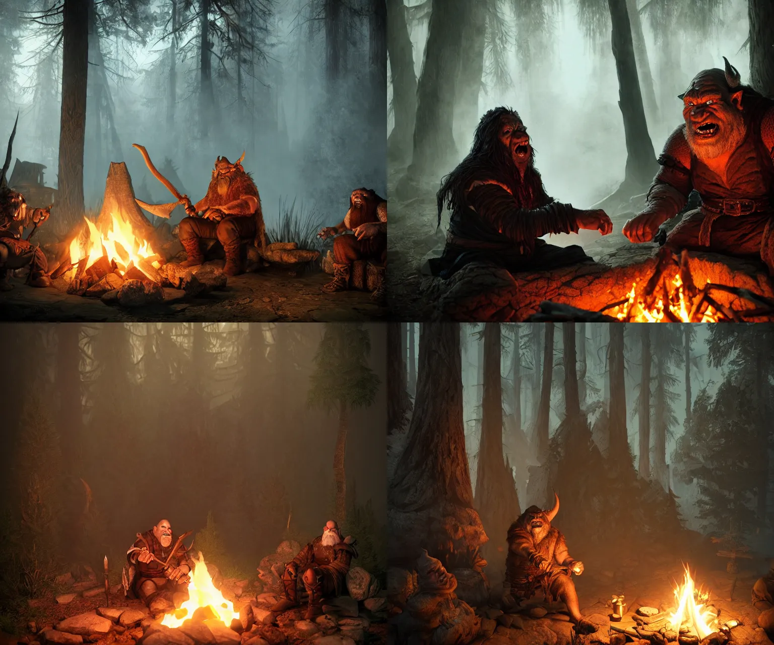 Prompt: and orc a wizard a rogue a dwarf sitting around camp fire in the deep woods, hyper realism, cinematic, volumetric lighting, dramatic ambient lighting, epic composition, high detail, octane render, unreal engine, 8 k, high contrast, depth of field, concept art, 3 d render, digital art, deviantart artstation, ray tracing, extremely detailed, apocalyptic, very sharp,