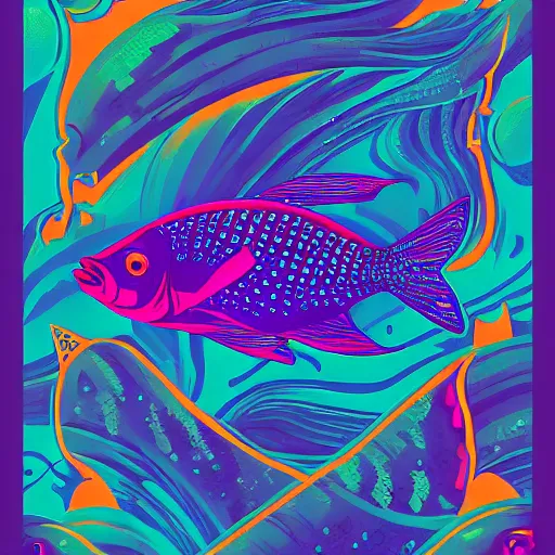 Image similar to one stylized fish with saturated colors viewed in profile in the dark ocean filled with complex sparkles and patterns, artstation, intricate, realistic, highly detailed, digital painting, concept art, sharp focus, illustration by tom whalen and charles williams and kilian eng and james jean