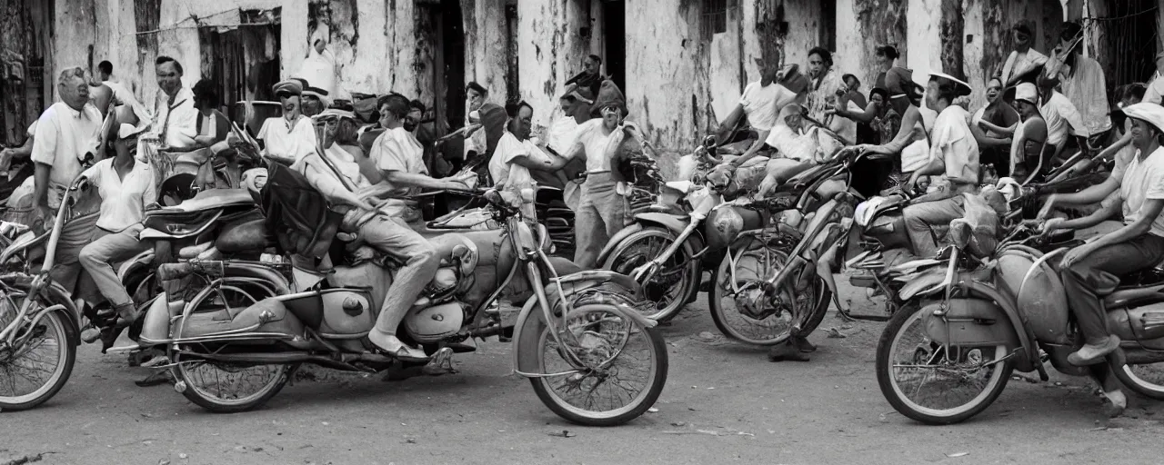 Image similar to a group of people in 1 9 5 0's cuba driving motorcycles made out of spaghetti, canon 5 0 mm, cinematic lighting, photography, retro, film, kodachrome