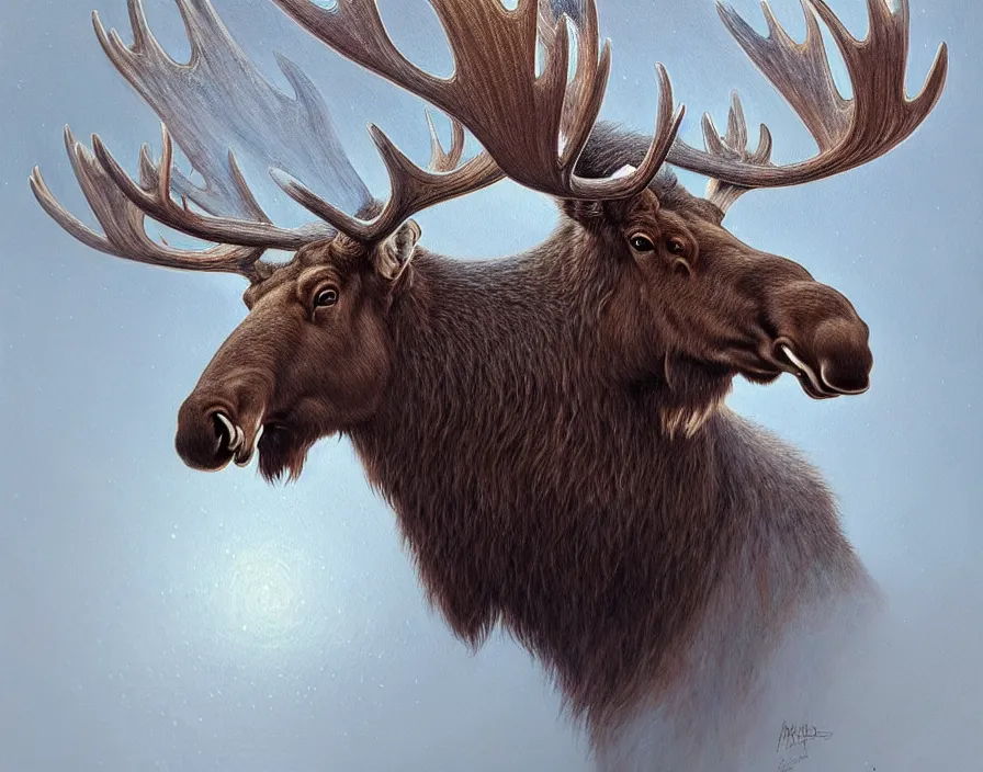 Prompt: a beautiful and very detailed painting of great ethereal moose with silver antlers, dynamic lighting, trending on artstation, path traced, highly detailed, high quality, digital art, hyper realistic, octane render, sharp focus, art by artgerm and greg rutkowski and alphonse mucha, 8 k