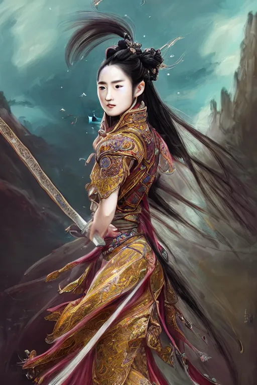 Image similar to beautiful ancient fantasy portrait of wuxia armored heroine Liu Yifei, Zhao Lu Si wearing like Xian Xia wardrobe, in forbidden City, hybrid from Dynasty Warriror, flowers sea rainning everywhere, intricate, very very beautiful, elegant, highly detailed, digital painting, beautiful glowing galaxy eyes, artstation, fantasy concept art, smooth, sharp focus, illustration, art by WLOP and alphonse mucha and tian zi