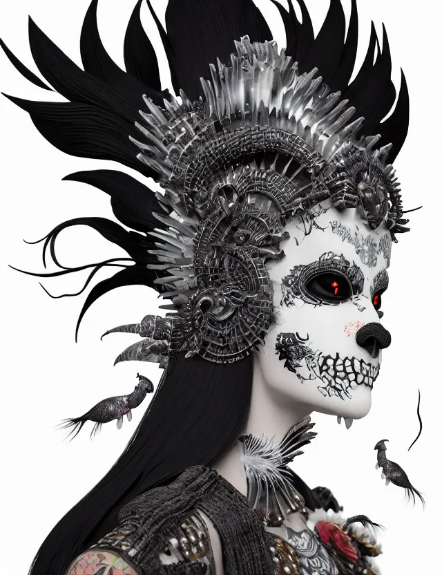 Image similar to 3 d goddess close - up profile simple portrait punk with mohawk with goat skull. beautiful intricately detailed japanese crow kitsune mask and clasical japanese kimono. betta fish, jellyfish phoenix, bio luminescent, plasma, ice, water, wind, creature, artwork by tooth wu and wlop and beeple and greg rutkowski