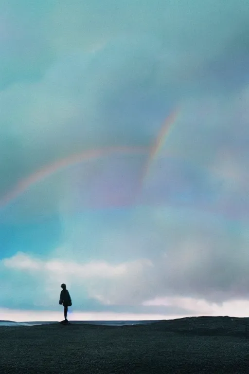 Prompt: high quality pastel coloured film close up wide angle photograph of will smith wearing clothing resting on cloud furniture in a icelandic black rock!! environment in a partially haze filled dreamstate world. three point light, rainbow. photographic production. art directed. pastel colours. volumetric clouds. pastel gradient overlay. waves glitch artefacts. extreme facial clarity. 8 k. filmic.