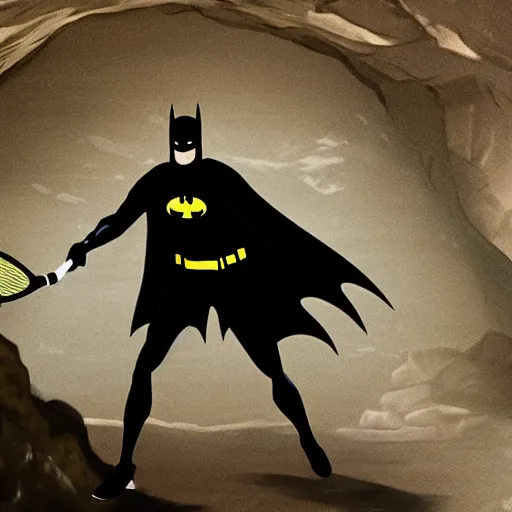 Prompt: batman playing tennis in a cave, cinematic shot