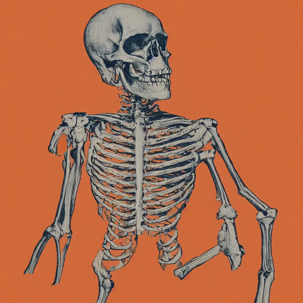 Image similar to vivid risograph of one skeleton on orange background