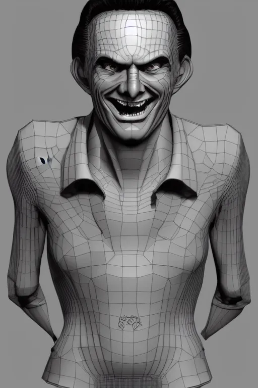 Image similar to 3 d model of a handsome but scary young man with a sinister grin by brian bolland, rachel birkett, alex ross, and neal adams | portrait, character concept, concept art, unreal engine, finalrender, centered, deviantart, artgerm