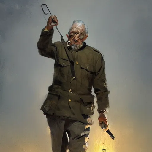 Prompt: old man portrait, ww 2 hand grenade in his left hand, he pulling pin, greg rutkowski art